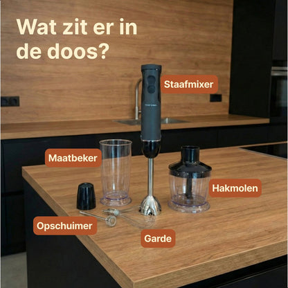 Staafmixer 5-in-1 Set - 1000W - Vaatwasserbestendig - Incl. Hakmolen, garde, melkopschuimer & Maatbeker - 12 Snelheden + Turbofunctie - Zwart