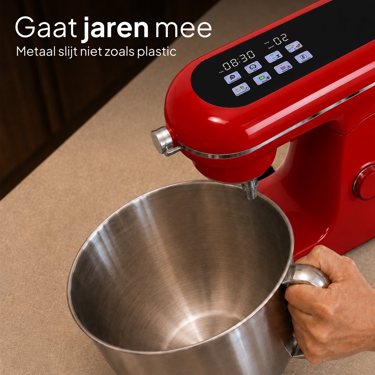 Luxe Keukenmixer - 7L Mengkom met Verwarmde Bodem - Rijsfunctie - Touchscreen & Timer - Vaatwasserbestendig - Keukenmachine - Keukenrobot - Rood