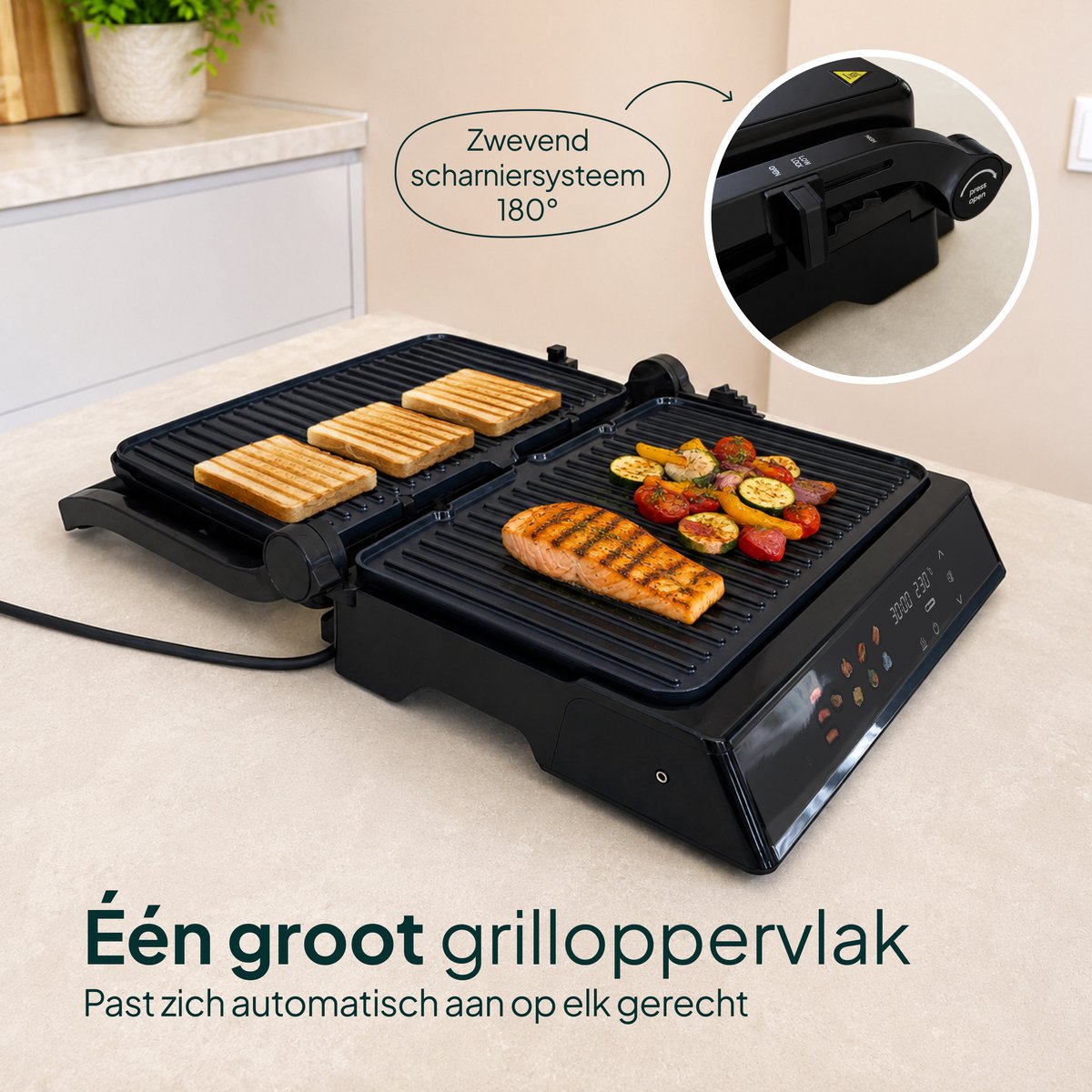 Tosti-ijzer XXL 2200W - PFAS-vrij - 9 Programma’s - Meat Probe - Touchscreen - Zwart