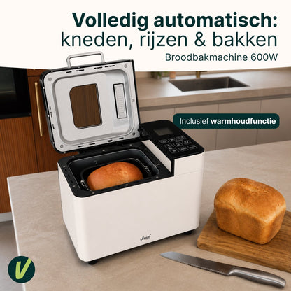 Broodbakmachine - Warmhoudfunctie & Timer - 18 programma's - 500/1000 gram - PFAS vrij - Glutenvrij programma - Broodmachine - 600W - Creme
