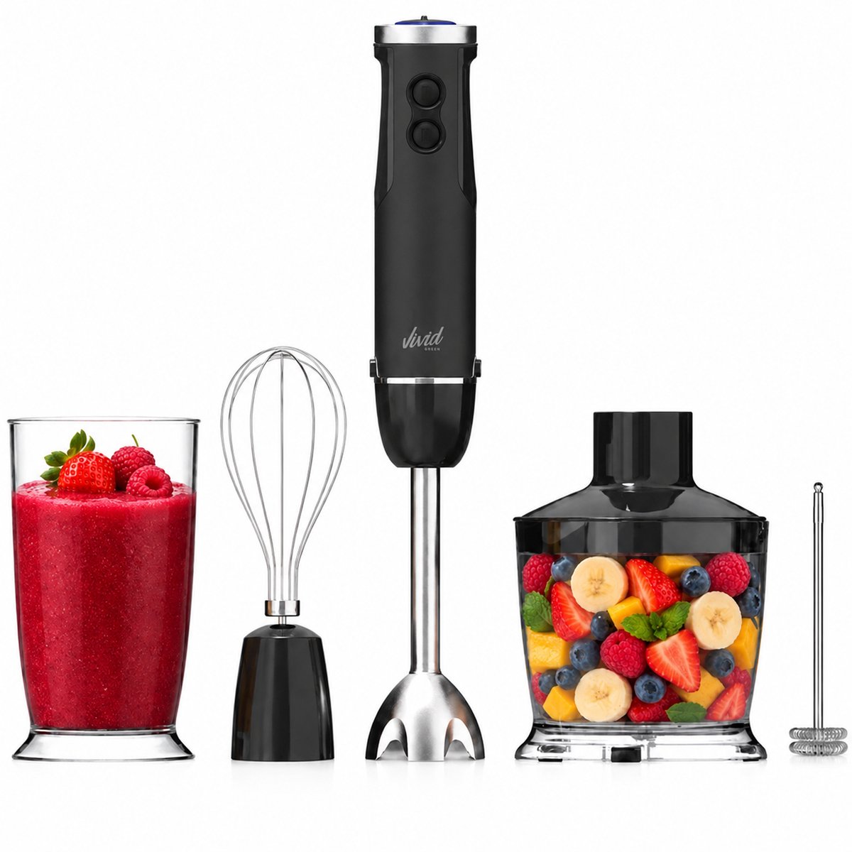 Staafmixer 5-in-1 Set - 1000W - Vaatwasserbestendig - Incl. Hakmolen, garde, melkopschuimer & Maatbeker - 12 Snelheden + Turbofunctie - Zwart