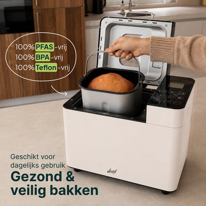 Broodbakmachine - Warmhoudfunctie & Timer - 18 programma's - 500/1000 gram - PFAS vrij - Glutenvrij programma - Broodmachine - 600W - Creme