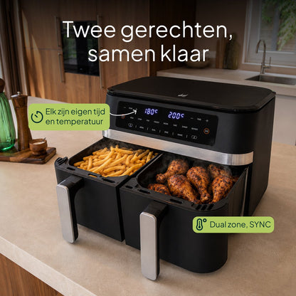 Dubbele Airfryer – 11 Liter – Dual Zone met SYNC – 2 Lades – 2950W – Heteluchtfriteuse – Tot 8 Personen – PFAS-vrij – Zwart