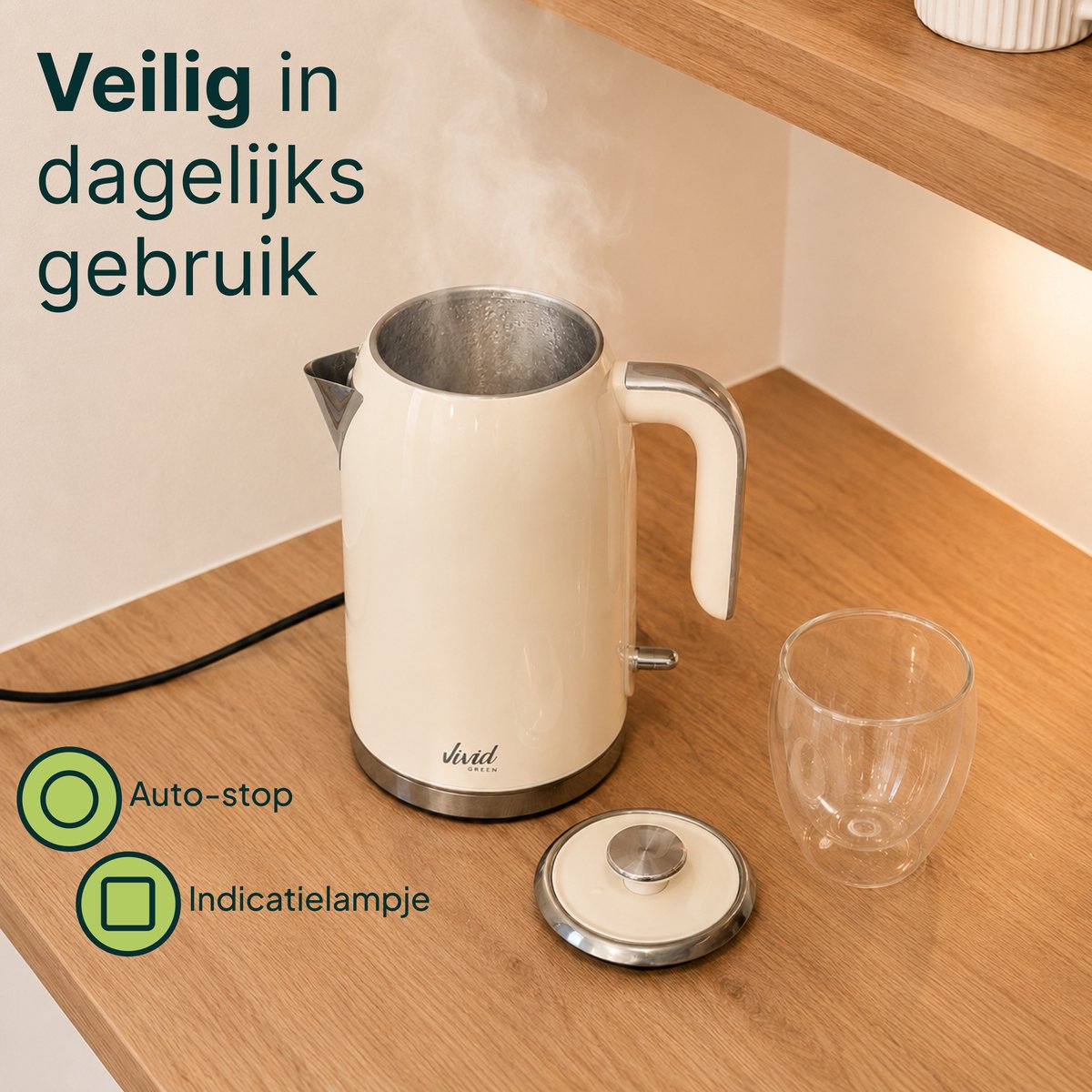 Luxe Waterkoker 1.7L - Retro Design - 2200W - BPA-vrij - 360° - RVS - Creme