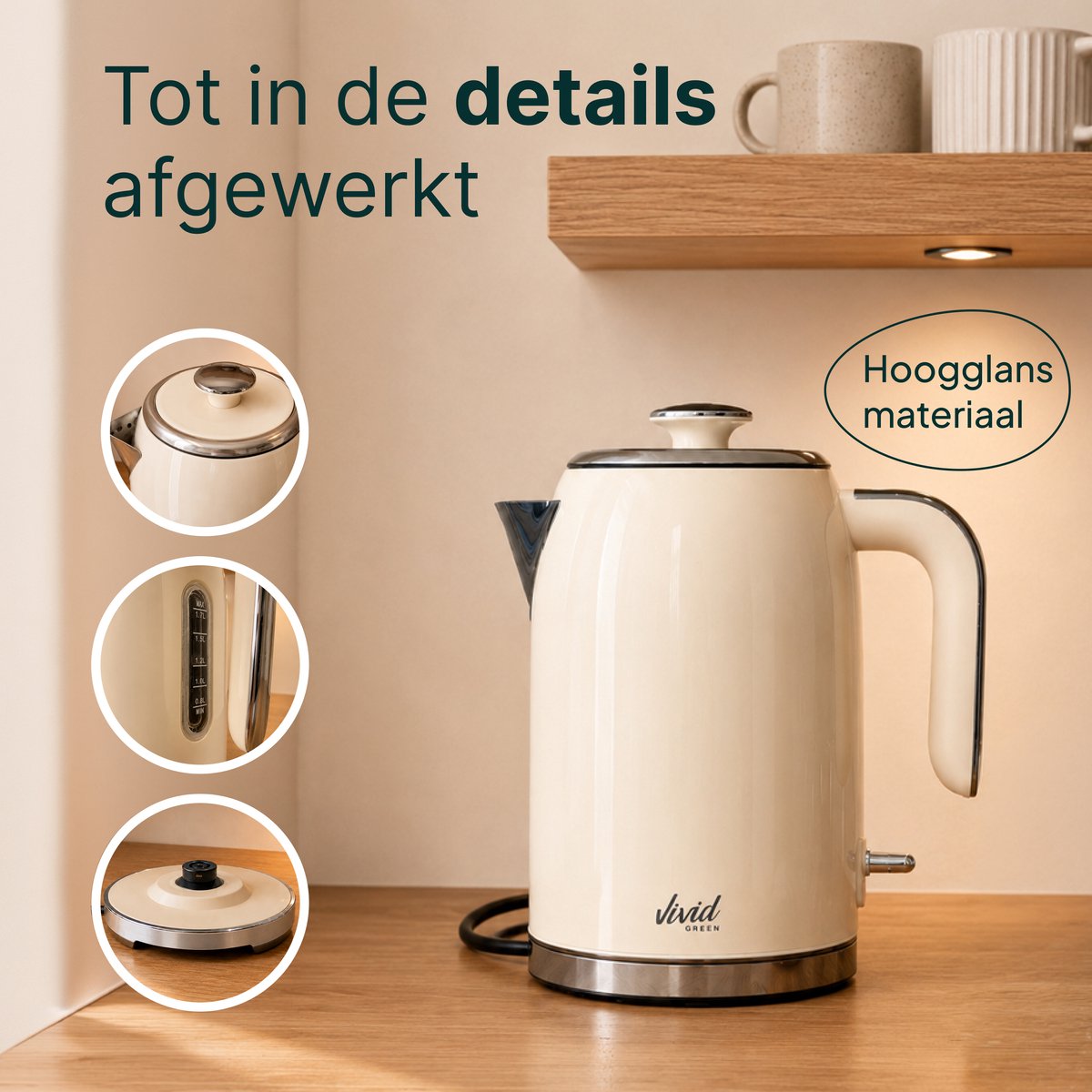 Luxe Waterkoker 1.7L - Retro Design - 2200W - BPA-vrij - 360° - RVS - Creme