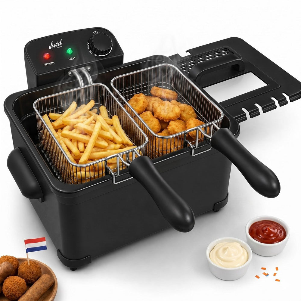 Frituurpan - 5 Liter - 3 Manden - Kijkvenster - Friteuse - Koude Zone - Zwart
