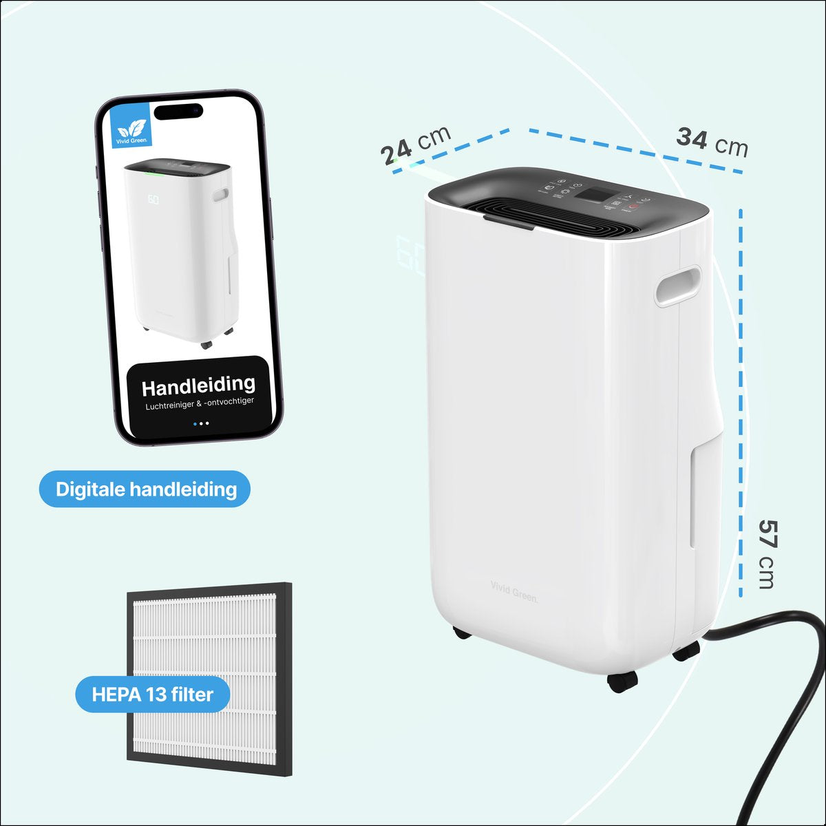 Luchtontvochtiger en Luchtreiniger - 16L - HEPA filter - 240W