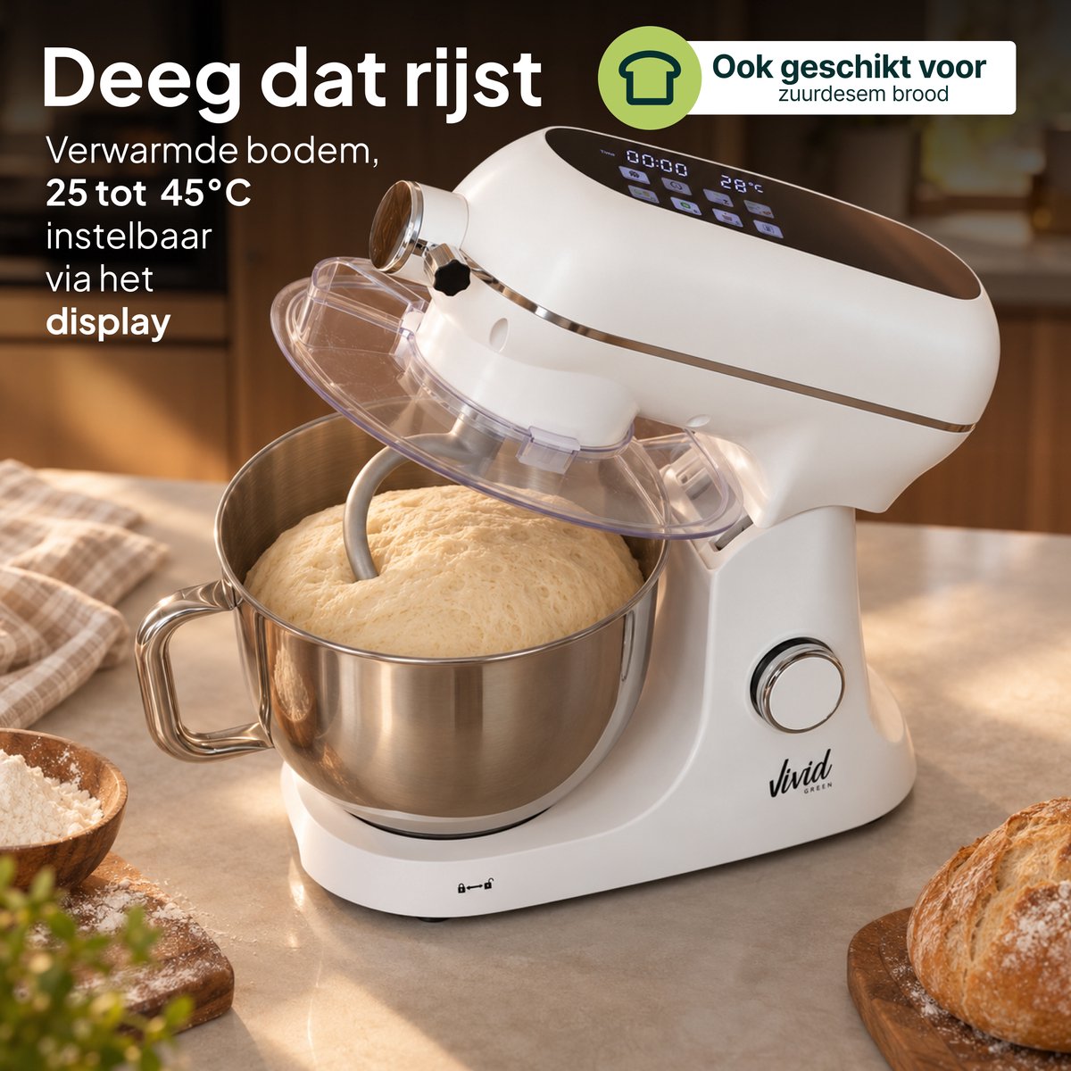 Luxe Keukenmixer - 7L Mengkom met Verwarmde Bodem - Rijsfunctie - Touchscreen & Timer - Vaatwasserbestendig - Keukenmachine - Keukenrobot - Crème