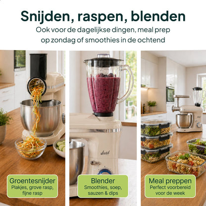 2000W Keukenmixer - Vleesmolen, Blender & Pastamachine - Geschikt voor Zwaar Deeg - 6,2L Mengkom - Keukenmachine - Keukenrobot - Crème