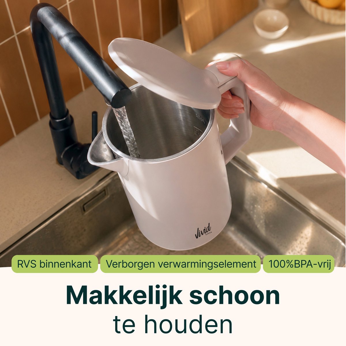 Waterkoker - 1.7L - Dubbelwandig - BPA-vrij - RVS - 2000W - Elektrisch - Beige