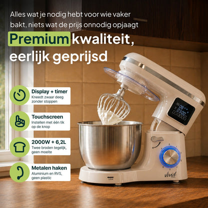 2000W Keukenmixer - Timer & Automatische Stop - Geschikt voor Zwaar Deeg - 6,2L Mengkom - Keukenmachine - Keukenrobot - Crème