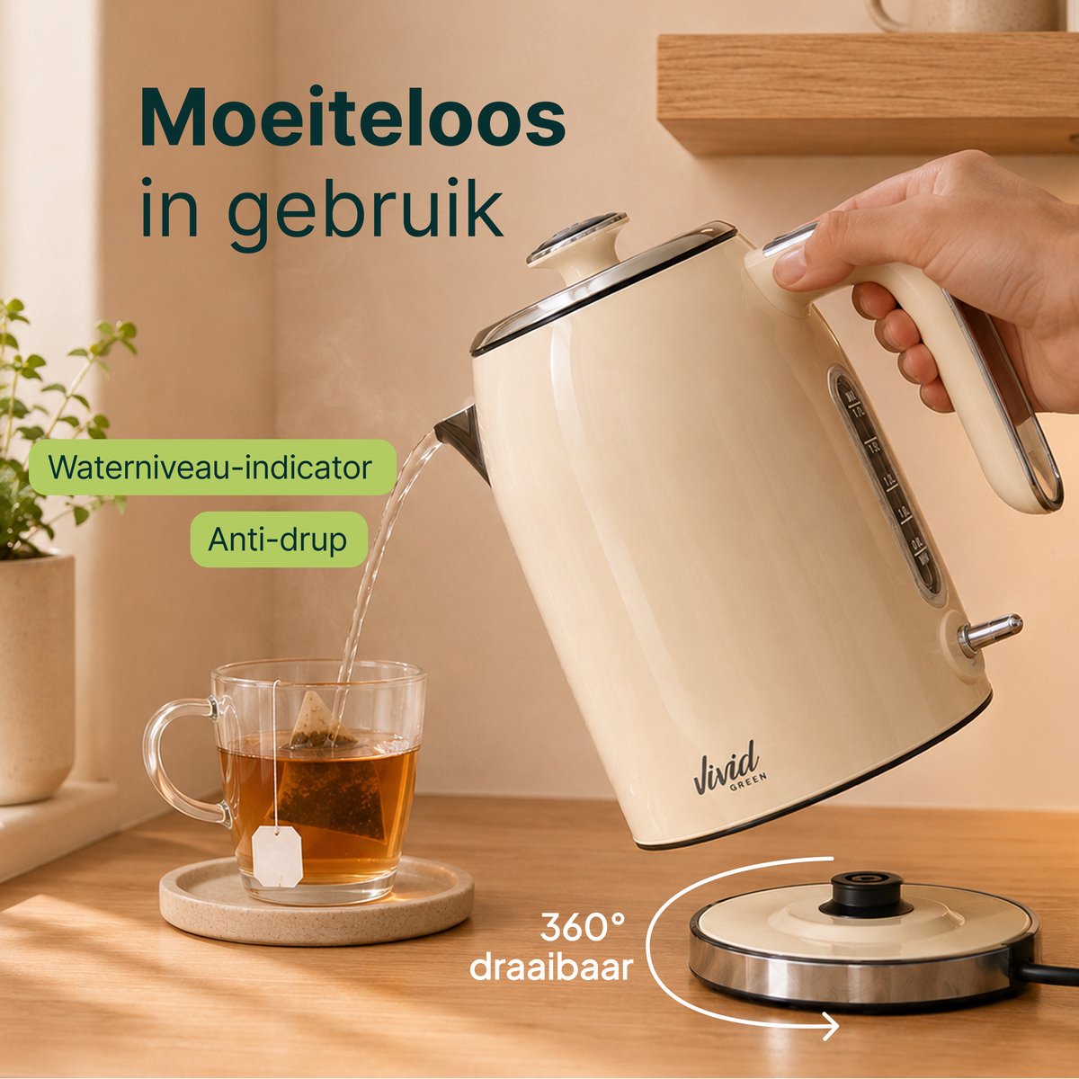 Luxe Waterkoker 1.7L - Retro Design - 2200W - BPA-vrij - 360° - RVS - Creme