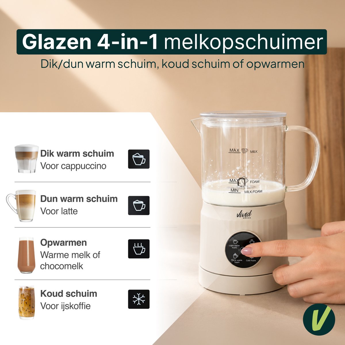 Melkopschuimer Glas - PFAS-vrij - 4-in-1 Melkschuimer - Elektrische Melkklopper - Creme