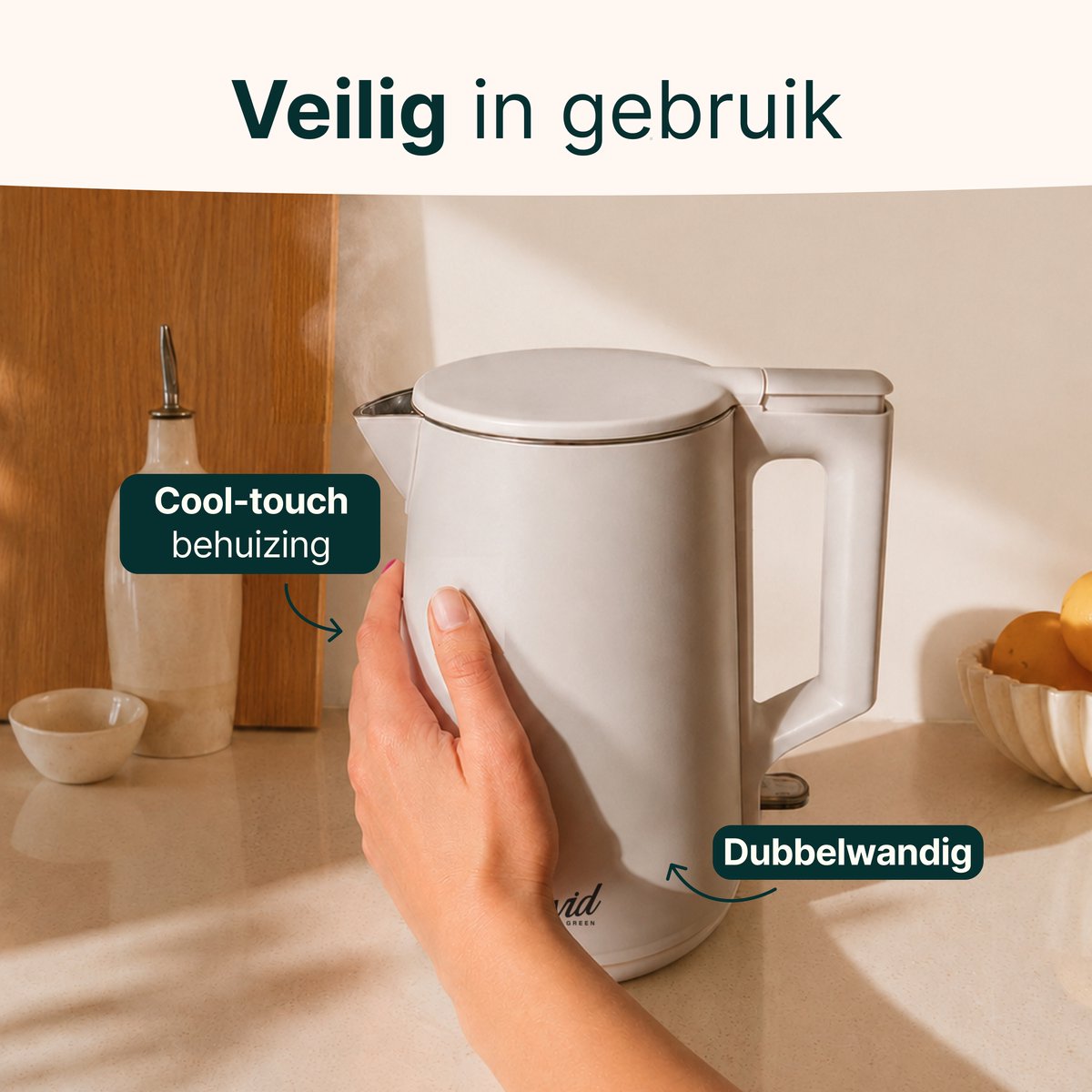 Waterkoker - 1.7L - Dubbelwandig - BPA-vrij - RVS - 2000W - Elektrisch - Beige