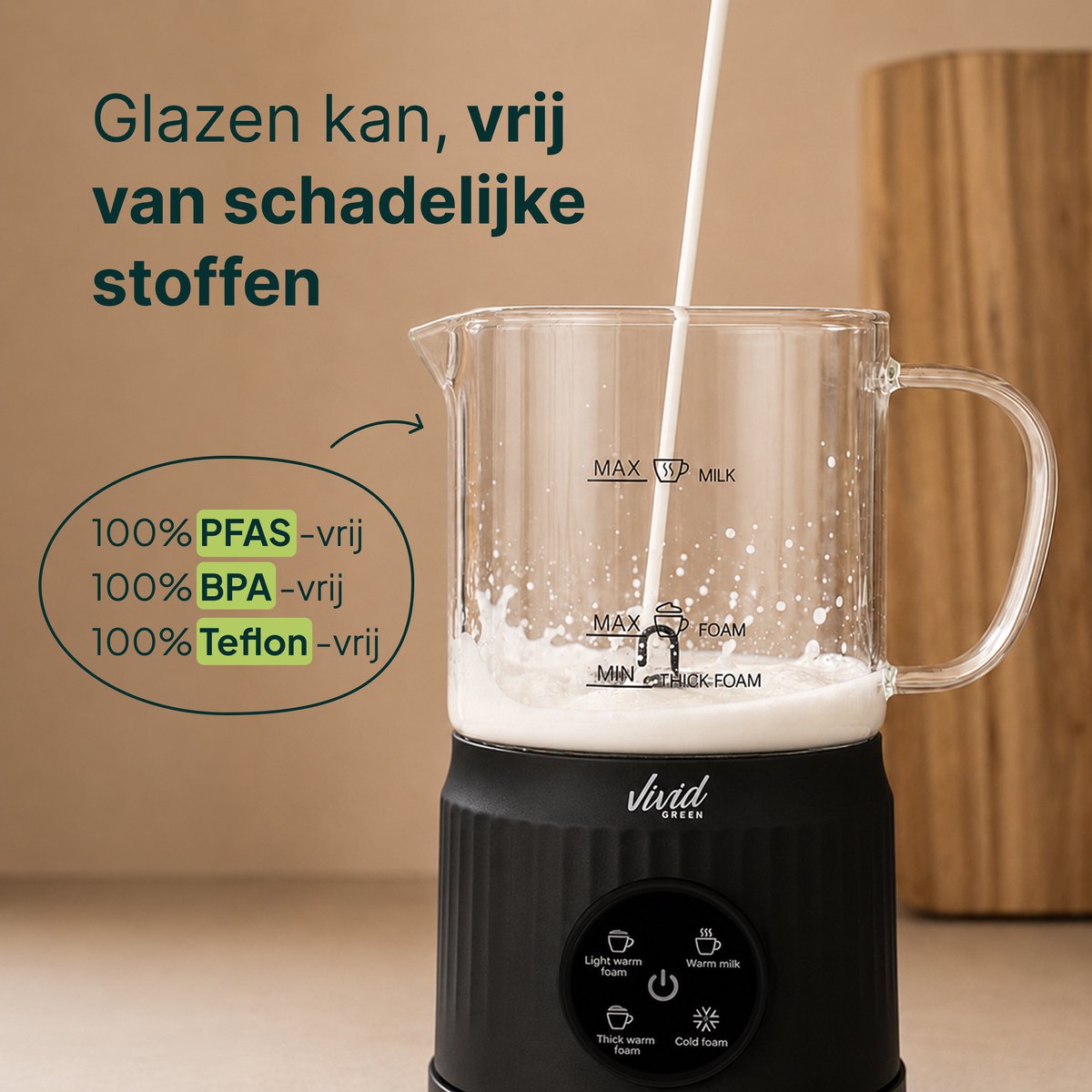 Melkopschuimer Glas - PFAS-vrij - 4-in-1 Melkschuimer - Elektrische Melkklopper