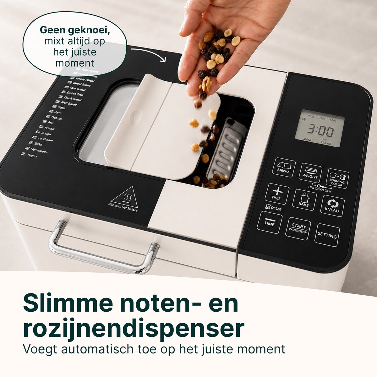 Broodbakmachine - Warmhoudfunctie & Timer - 18 programma's - 500/1000 gram - PFAS vrij - Glutenvrij programma - Broodmachine - 600W - Creme