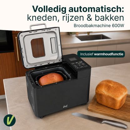 Broodbakmachine - Warmhoudfunctie & Timer - 18 programma's - 500/1000 gram - PFAS vrij - Glutenvrij programma - Broodmachine - 600W - Zwart