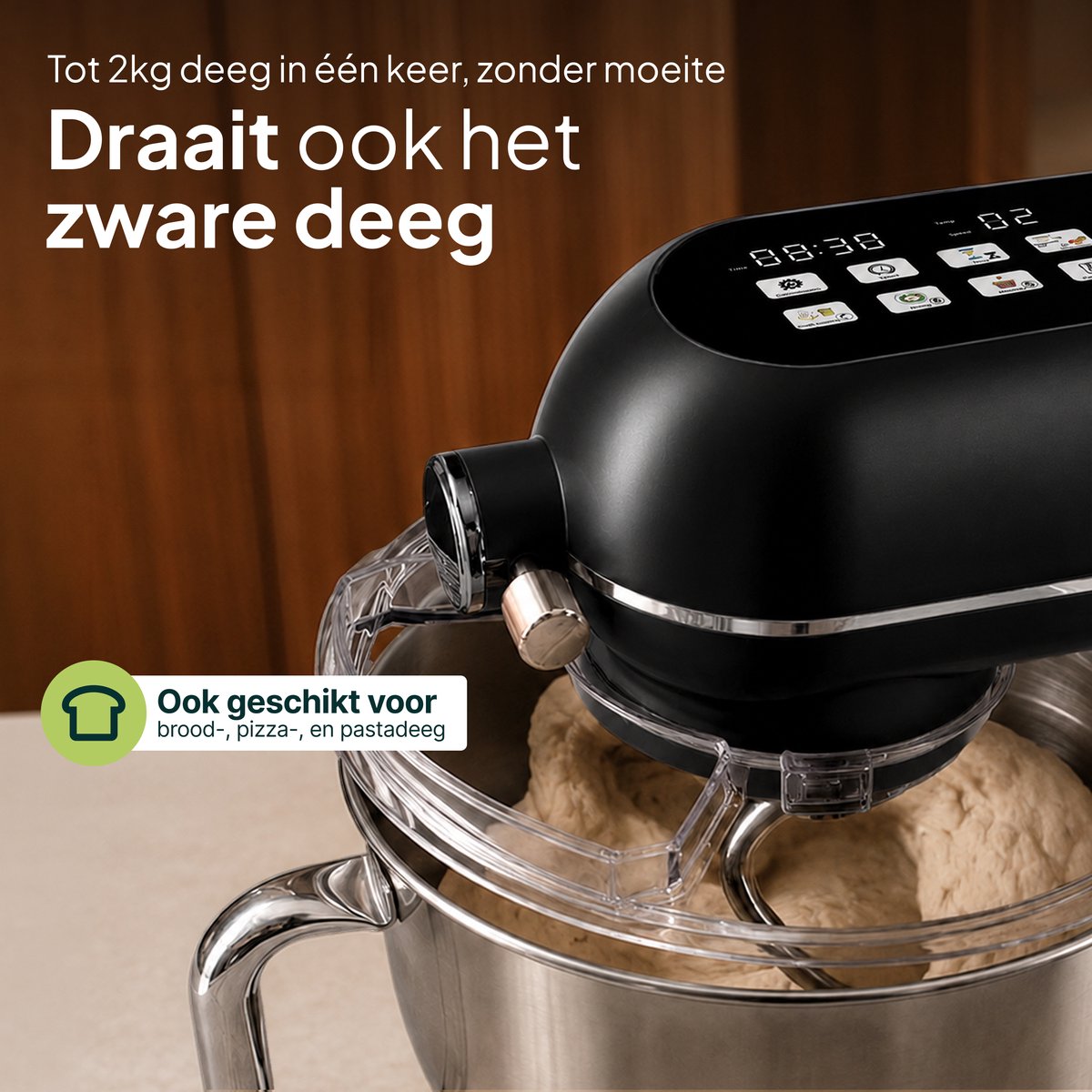 Luxe Keukenmixer - 7L Mengkom met Verwarmde Bodem - Rijsfunctie - Touchscreen & Timer - Vaatwasserbestendig - Keukenmachine - Keukenrobot - Zwart