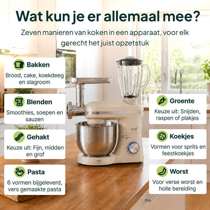 2000W Keukenmixer - Vleesmolen, Blender & Pastamachine - Geschikt voor Zwaar Deeg - 6,2L Mengkom - Keukenmachine - Keukenrobot - Crème