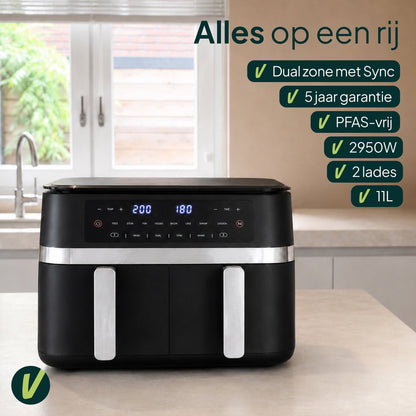 Dubbele Airfryer – 11 Liter – Dual Zone met SYNC – 2 Lades – 2950W – Heteluchtfriteuse – Tot 8 Personen – PFAS-vrij – Zwart