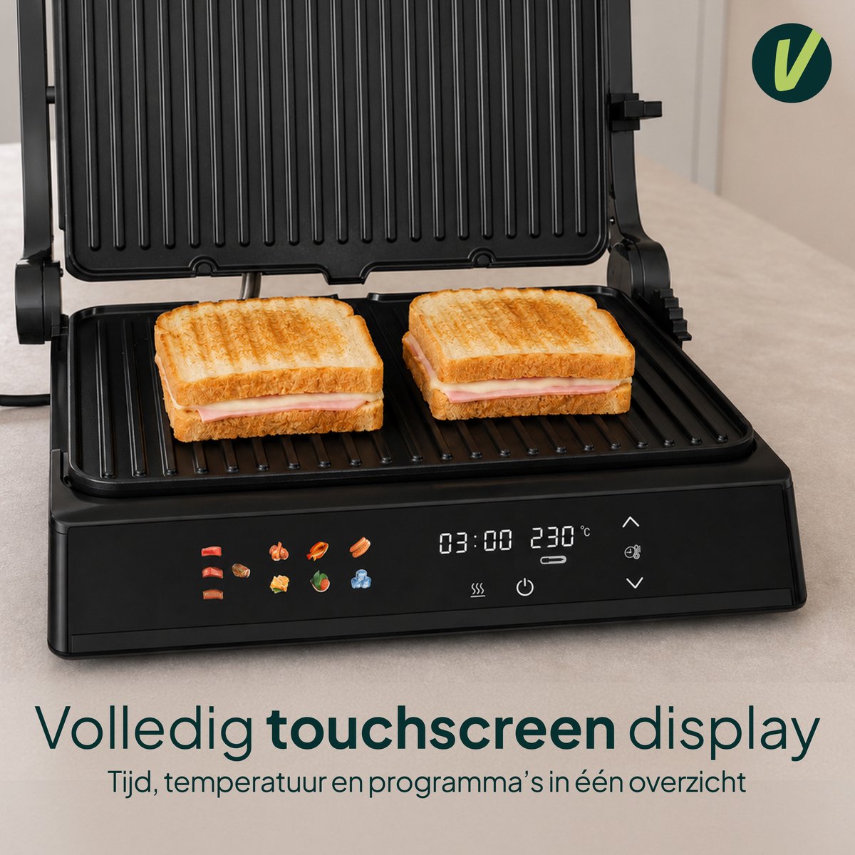 Tosti-ijzer XXL 2200W - PFAS-vrij - 9 Programma’s - Meat Probe - Touchscreen - Zwart