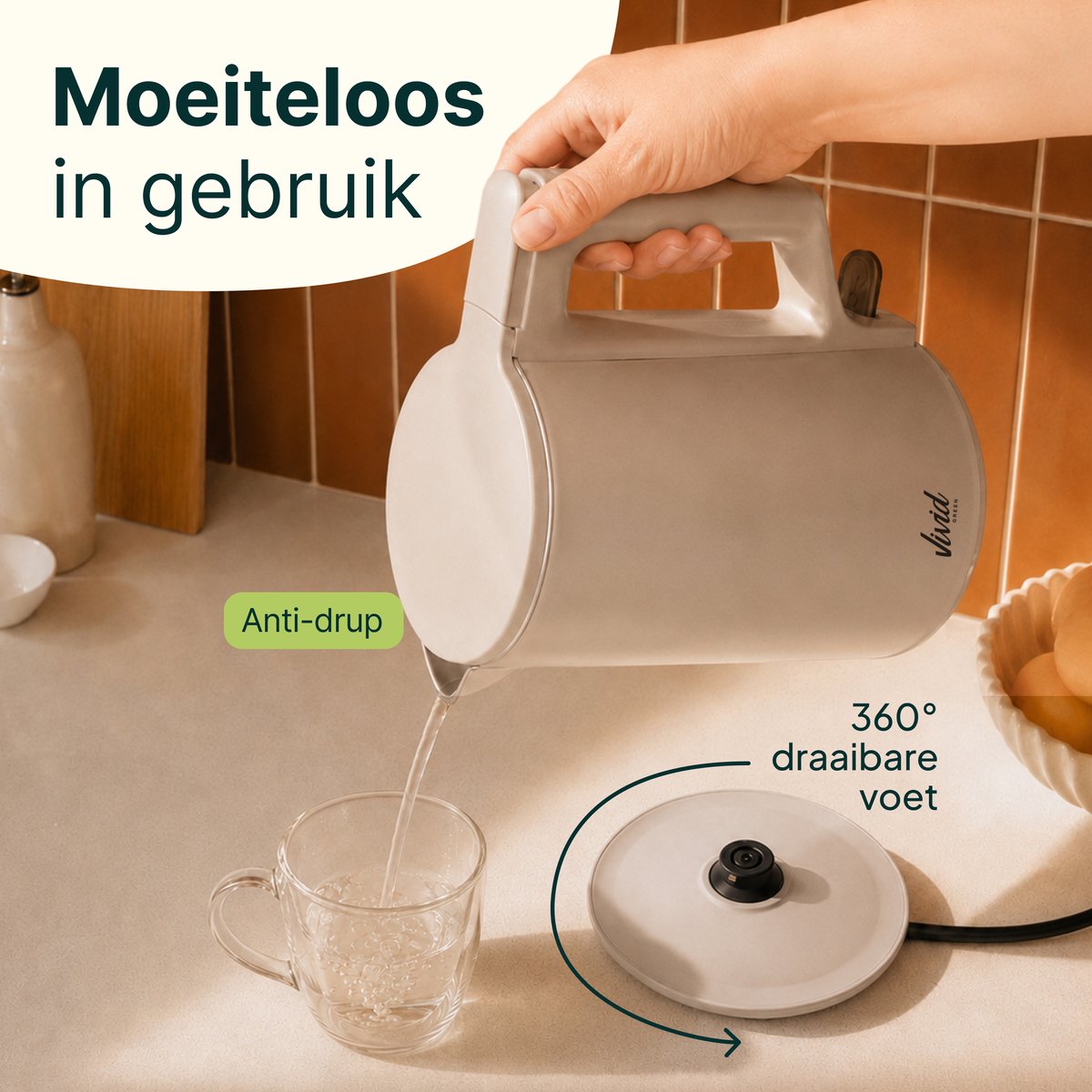 Waterkoker - 1.7L - Dubbelwandig - BPA-vrij - RVS - 2000W - Elektrisch - Beige