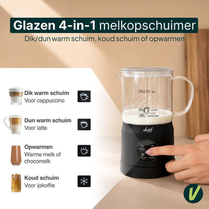 Melkopschuimer Glas - PFAS-vrij - 4-in-1 Melkschuimer - Elektrische Melkklopper