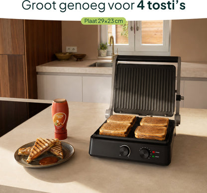 Tosti-ijzer & Contactgrill 2200W - PFAS-vrij - Inclusief Wafelplaten - Timer - 4 Tosti’s - Zwart