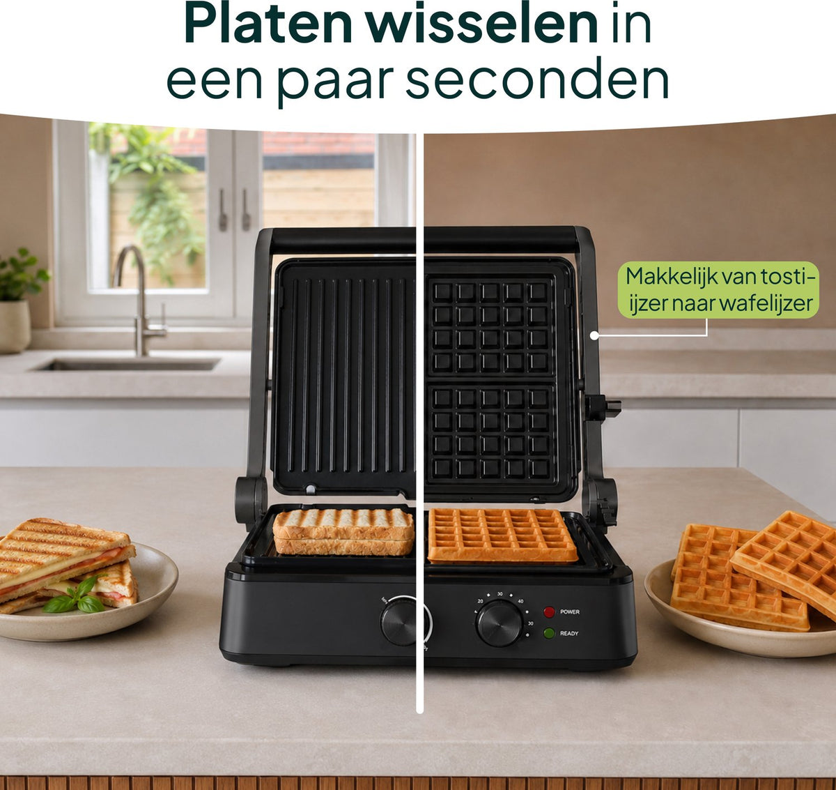 Tosti-ijzer & Contactgrill 2200W - PFAS-vrij - Inclusief Wafelplaten - Timer - 4 Tosti’s - Zwart