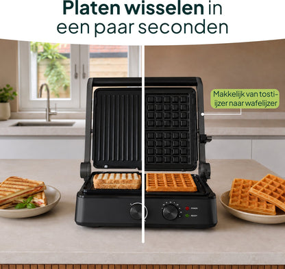 Tosti-ijzer & Contactgrill 2200W - PFAS-vrij - Inclusief Wafelplaten - Timer - 4 Tosti’s - Zwart