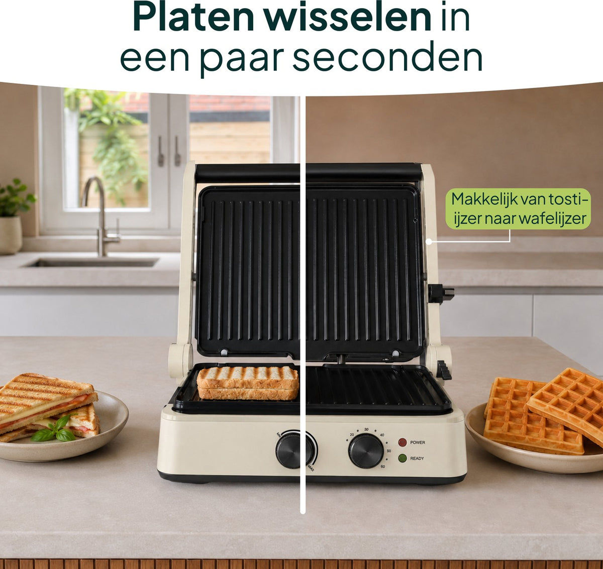 Tosti-ijzer & Contactgrill 2200W - PFAS-vrij - Inclusief Wafelplaten - Timer - 4 Tosti’s - Crème