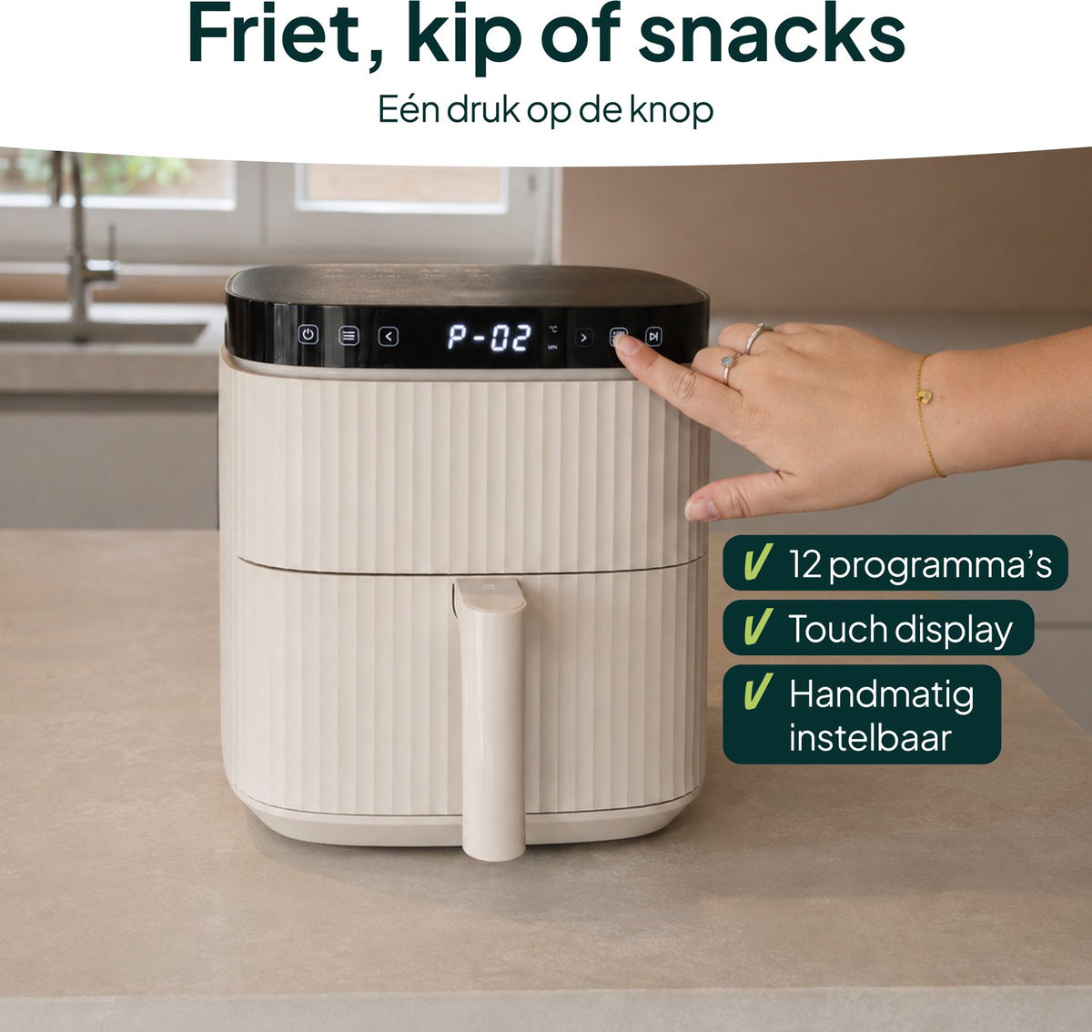 Airfryer 5L - PFAS-vrij - 1500W - 12 Programma’s - Touchscreen - Crème