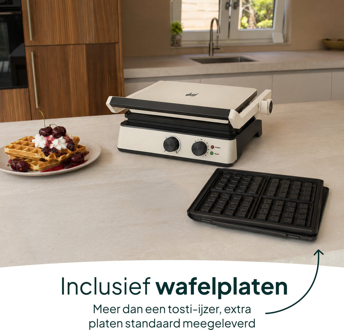 Tosti-ijzer & Contactgrill 2200W - PFAS-vrij - Inclusief Wafelplaten - Timer - 4 Tosti’s - Crème