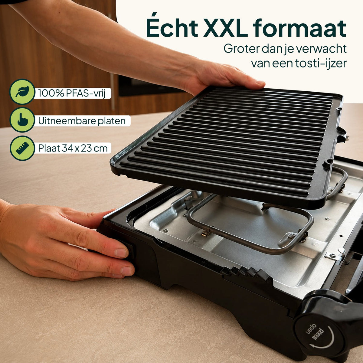 Tosti-ijzer & Contactgrill XXL 2200W - PFAS-vrij - 6 Tosti’s - Uitneembare Platen - Zwart