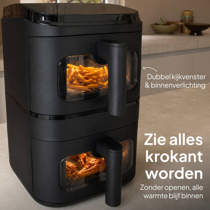Airfryer 9L - Dubbele Mand Verticaal - PFAS-vrij - 2500W - Dual Zone - Kijkvenster - Zwart