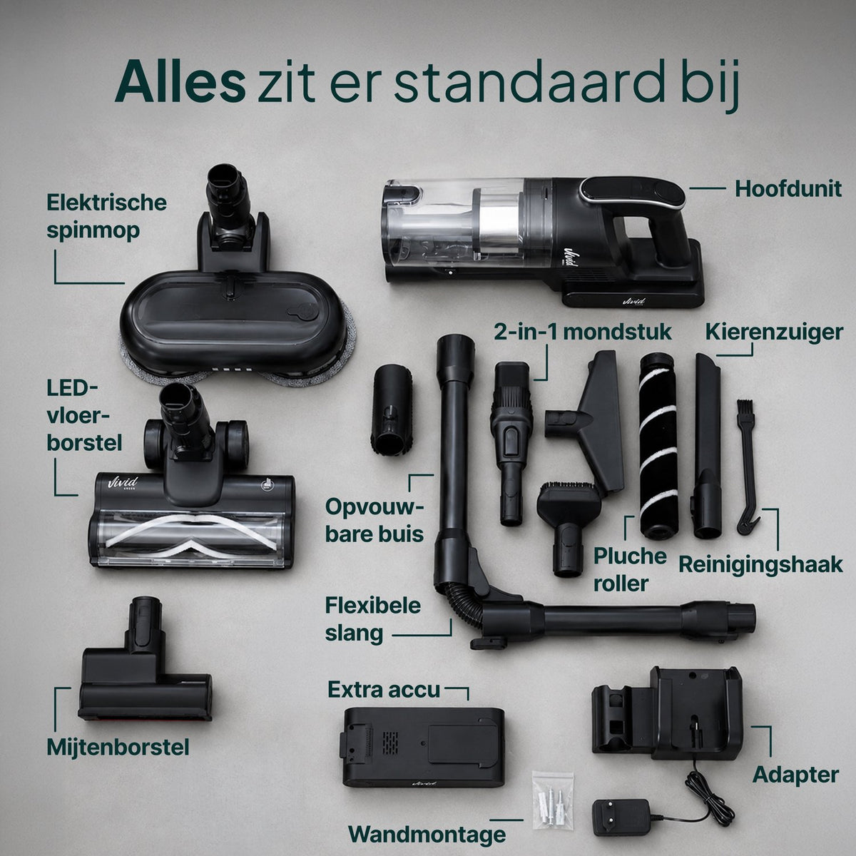 Draadloze Steelstofzuiger met Dweilfunctie - 400W - 30 kPa - 2 Accu’s - 70 Min Accuduur - Zwart