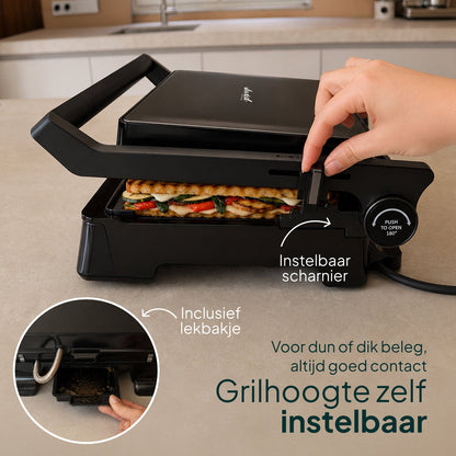 Tosti-ijzer & Contactgrill 2200W - PFAS-vrij - Inclusief Wafelplaten - Timer - 4 Tosti’s - Zwart
