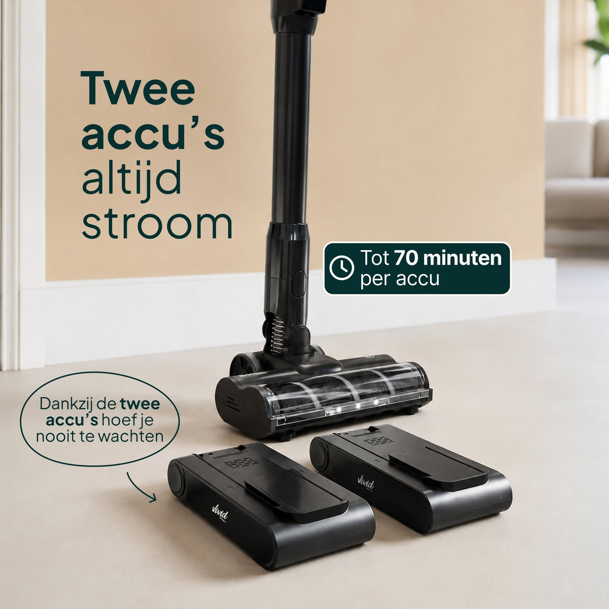 Draadloze Steelstofzuiger met Dweilfunctie - 400W - 30 kPa - 2 Accu’s - 70 Min Accuduur - Zwart