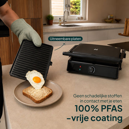 Tosti-ijzer & Contactgrill XXL 2200W - PFAS-vrij - 6 Tosti’s - Uitneembare Platen - Zwart