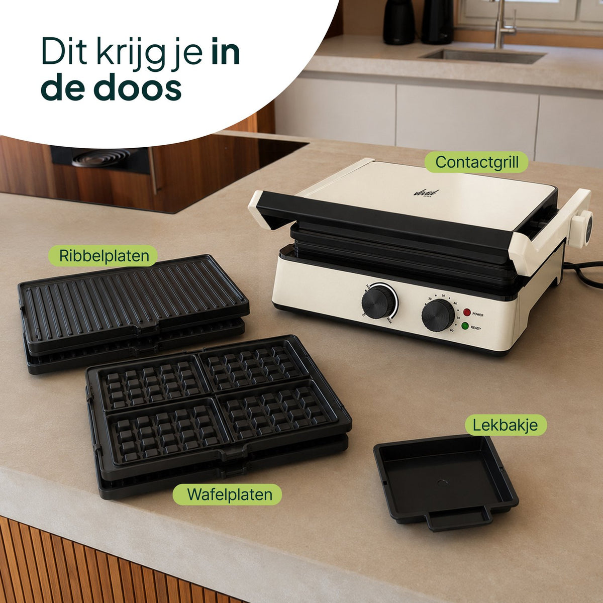 Tosti-ijzer & Contactgrill 2200W - PFAS-vrij - Inclusief Wafelplaten - Timer - 4 Tosti’s - Crème