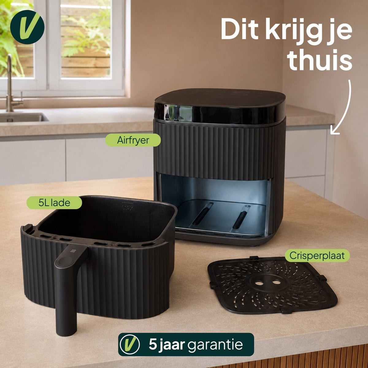 Airfryer 5L - Heteluchtfriteuse - PFAS-vrij - 1500W - 12 Programma’s - Zwart