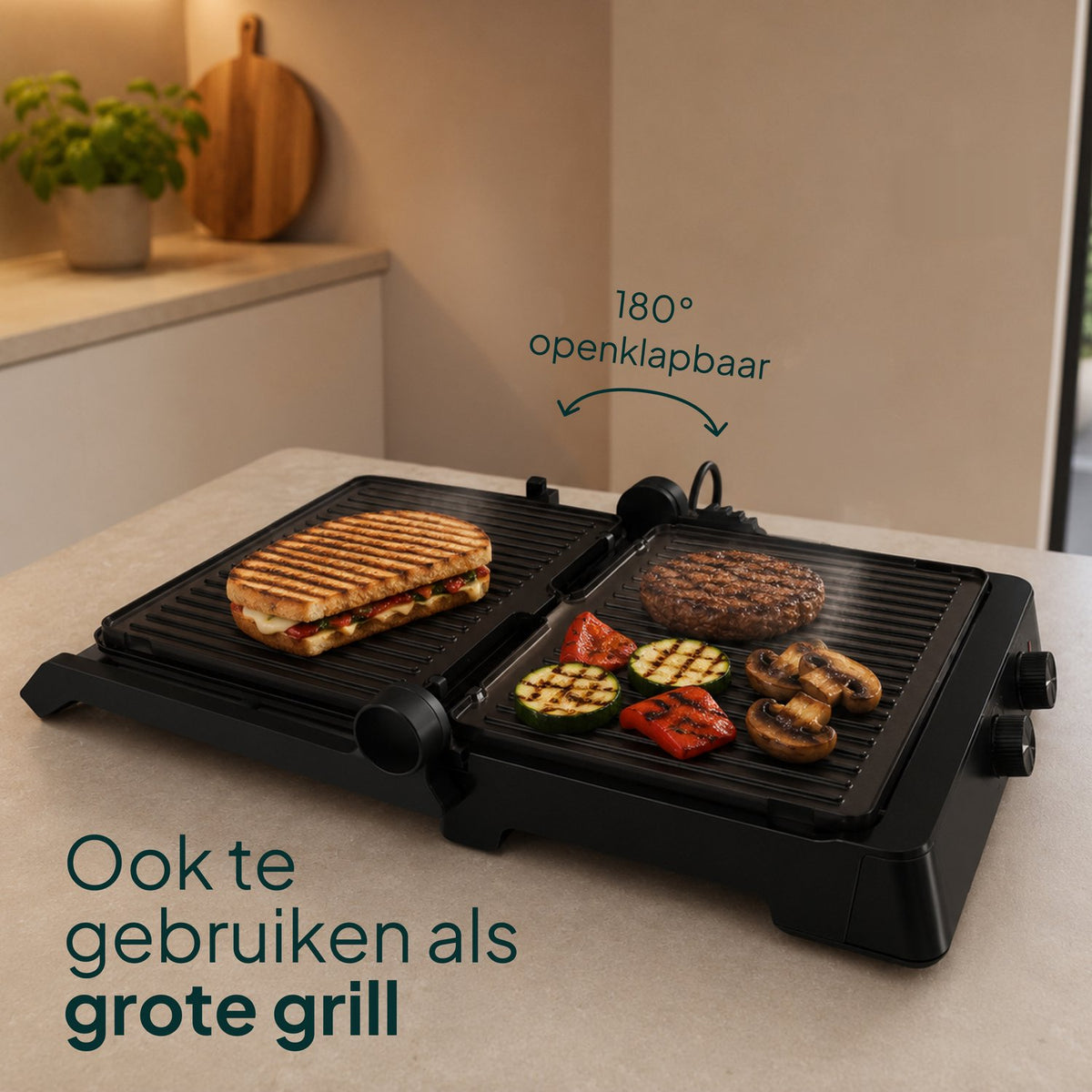 Tosti-ijzer & Contactgrill 2200W - PFAS-vrij - Inclusief Wafelplaten - Timer - 4 Tosti’s - Zwart