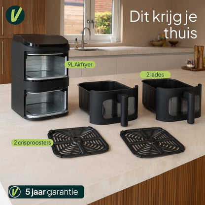 Airfryer 9L - Dubbele Mand Verticaal - PFAS-vrij - 2500W - Dual Zone - Kijkvenster - Zwart