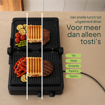 Tosti-ijzer & Contactgrill 2200W - PFAS-vrij - Inclusief Wafelplaten - Timer - 4 Tosti’s - Zwart