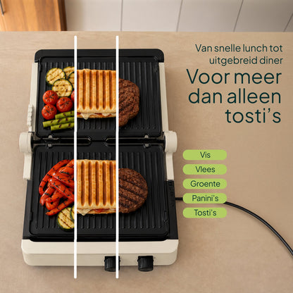 Tosti-ijzer & Contactgrill 2200W - PFAS-vrij - Inclusief Wafelplaten - Timer - 4 Tosti’s - Crème