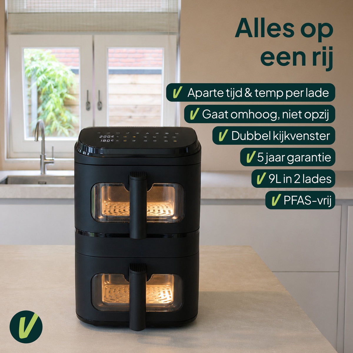 Airfryer 9L - Dubbele Mand Verticaal - PFAS-vrij - 2500W - Dual Zone - Kijkvenster - Zwart