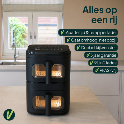 Airfryer 9L - Dubbele Mand Verticaal - PFAS-vrij - 2500W - Dual Zone - Kijkvenster - Zwart