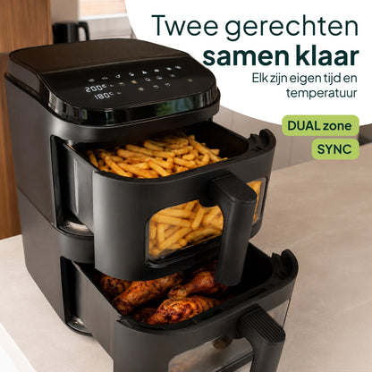 Airfryer 9L - Dubbele Mand Verticaal - PFAS-vrij - 2500W - Dual Zone - Kijkvenster - Zwart
