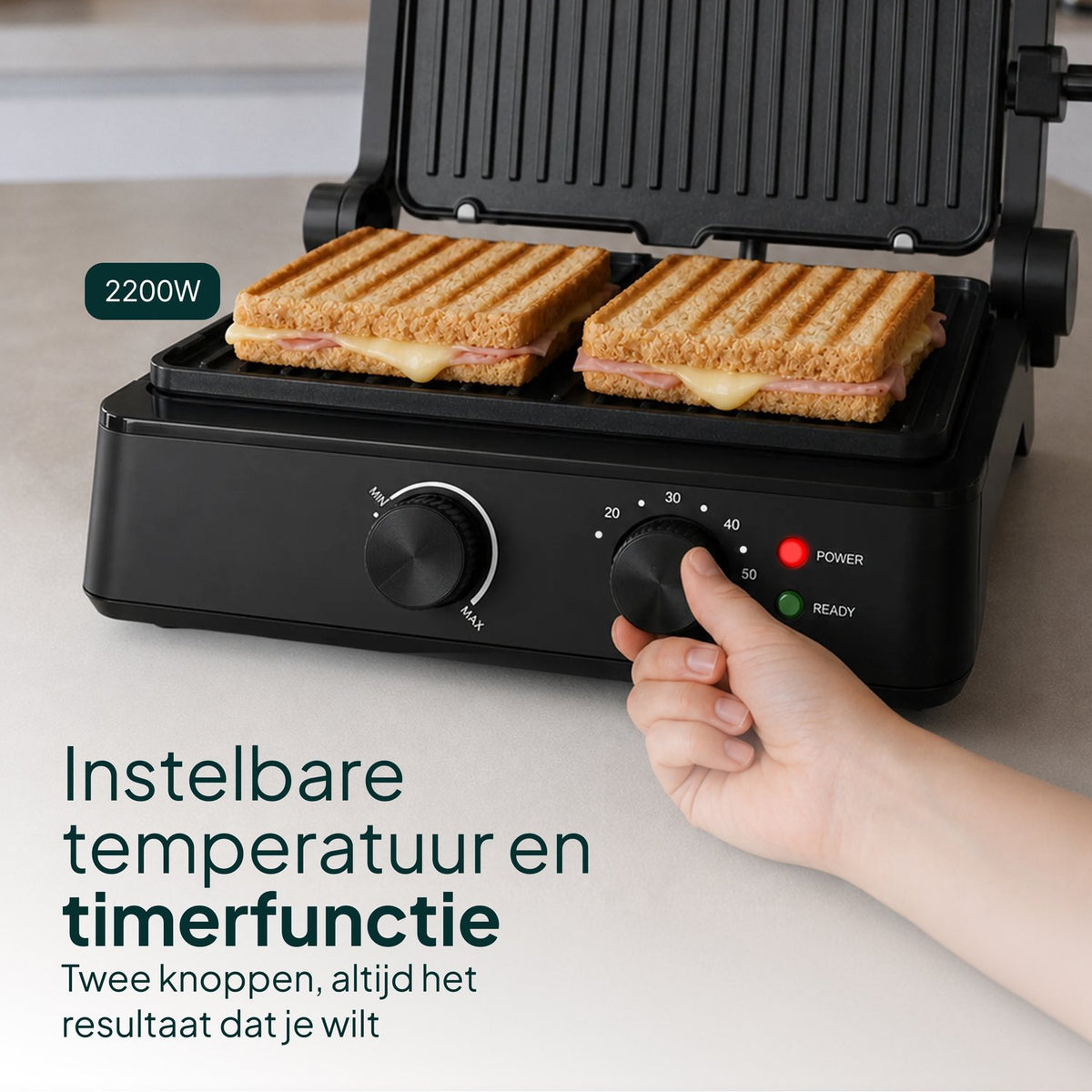 Tosti-ijzer & Contactgrill 2200W - PFAS-vrij - Inclusief Wafelplaten - Timer - 4 Tosti’s - Zwart