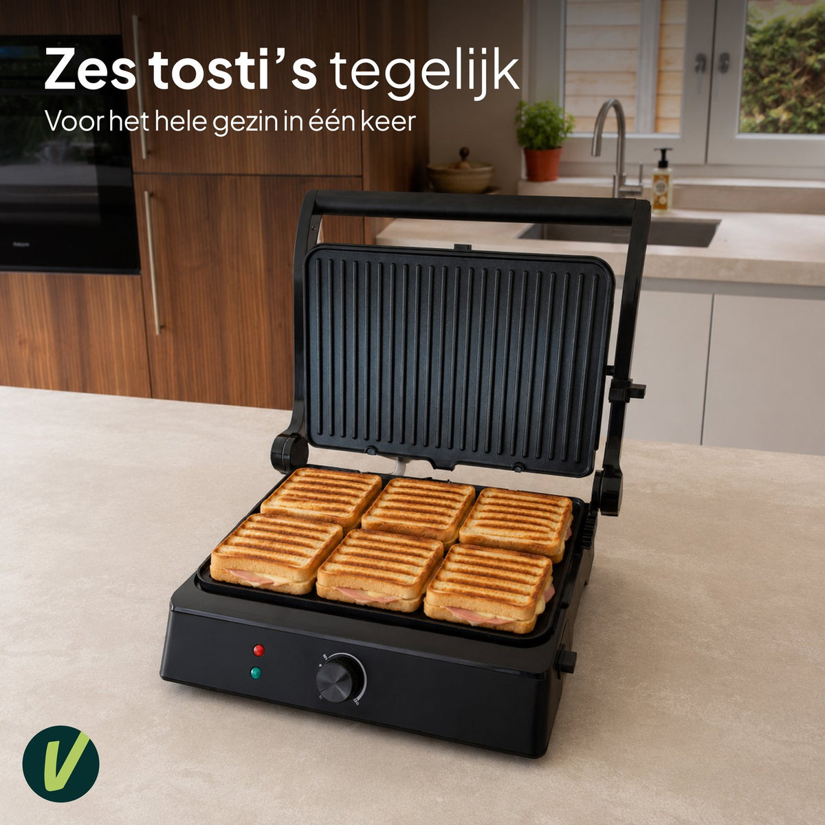 Tosti-ijzer & Contactgrill XXL 2200W - PFAS-vrij - 6 Tosti’s - Uitneembare Platen - Zwart
